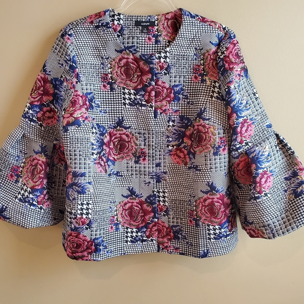 ALFANI Floral Metallic Houndstooth Print Jacket M